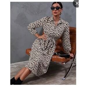LDT Adrienne Feline Leopard Animal Print Belted Midi Shirt/Coat Dress Sz 6 $229